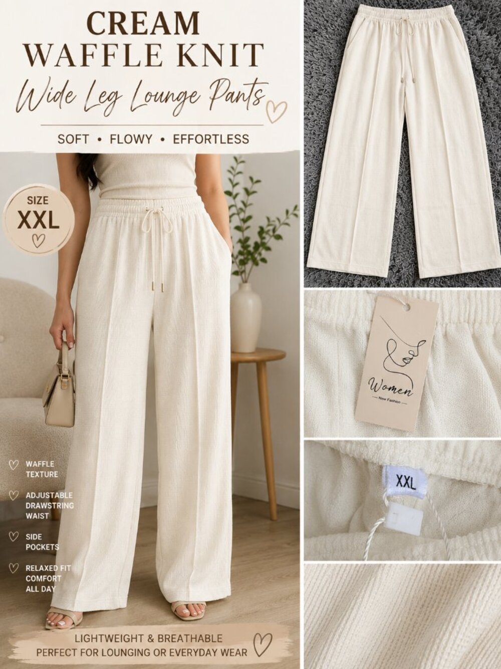 NWT Women's Cream Waffle Knit Wide Leg Pants XXL Drawstring Pockets